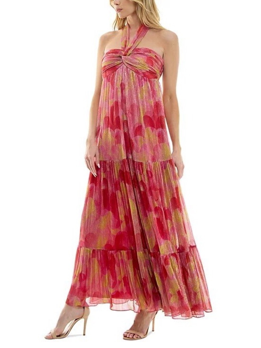 Strapless Pink Gold Maxi Dress with Halter Strap